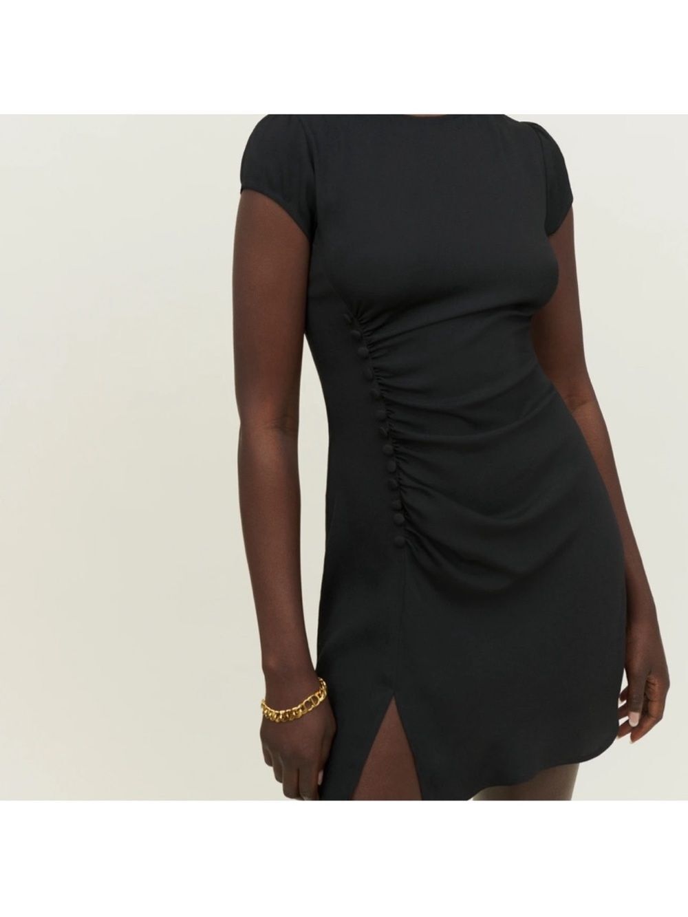 Reformation Selena Black Mini Dress Ruched Side Slit Short Sleeve - Picture 5 of 8